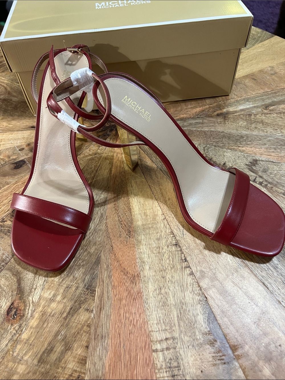 MICHAEL Michael Kors Halle Sandal Deep Red Leather Open-Toe Ankle-Strap Heels